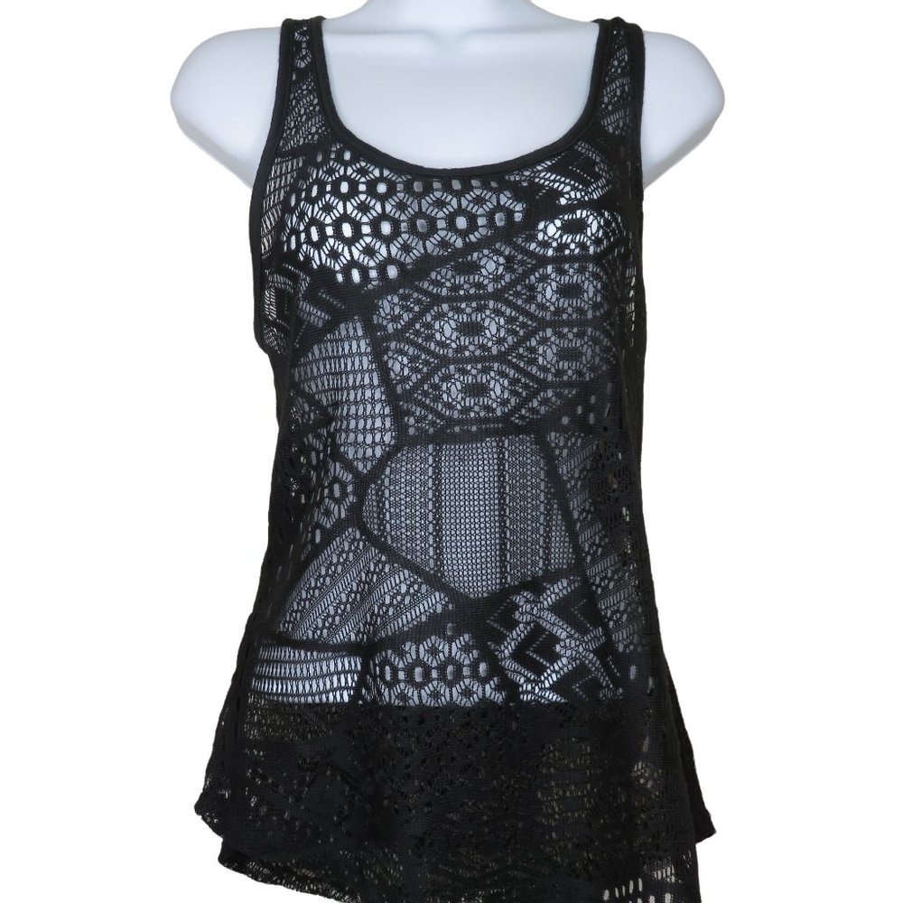Vintage Nicolette Black Lace Tank Top Tee S Polyester USA Made